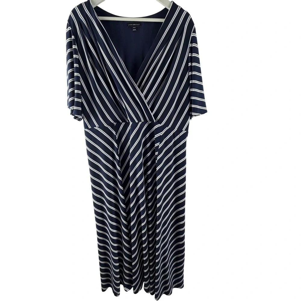 Lane Bryant Blue White Striped Faux‎ Wrap Maxi Dress Womens 18/20 Short Sleeve